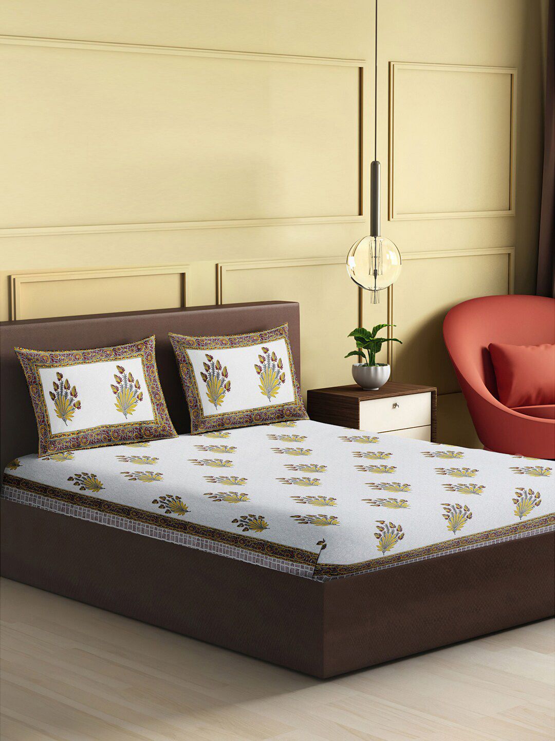 Gulaab Jaipur Yellow & Magenta Ethnic Motifs Handblock Printed 600 TC King Bedsheet with 2 Pillow Covers Price in India