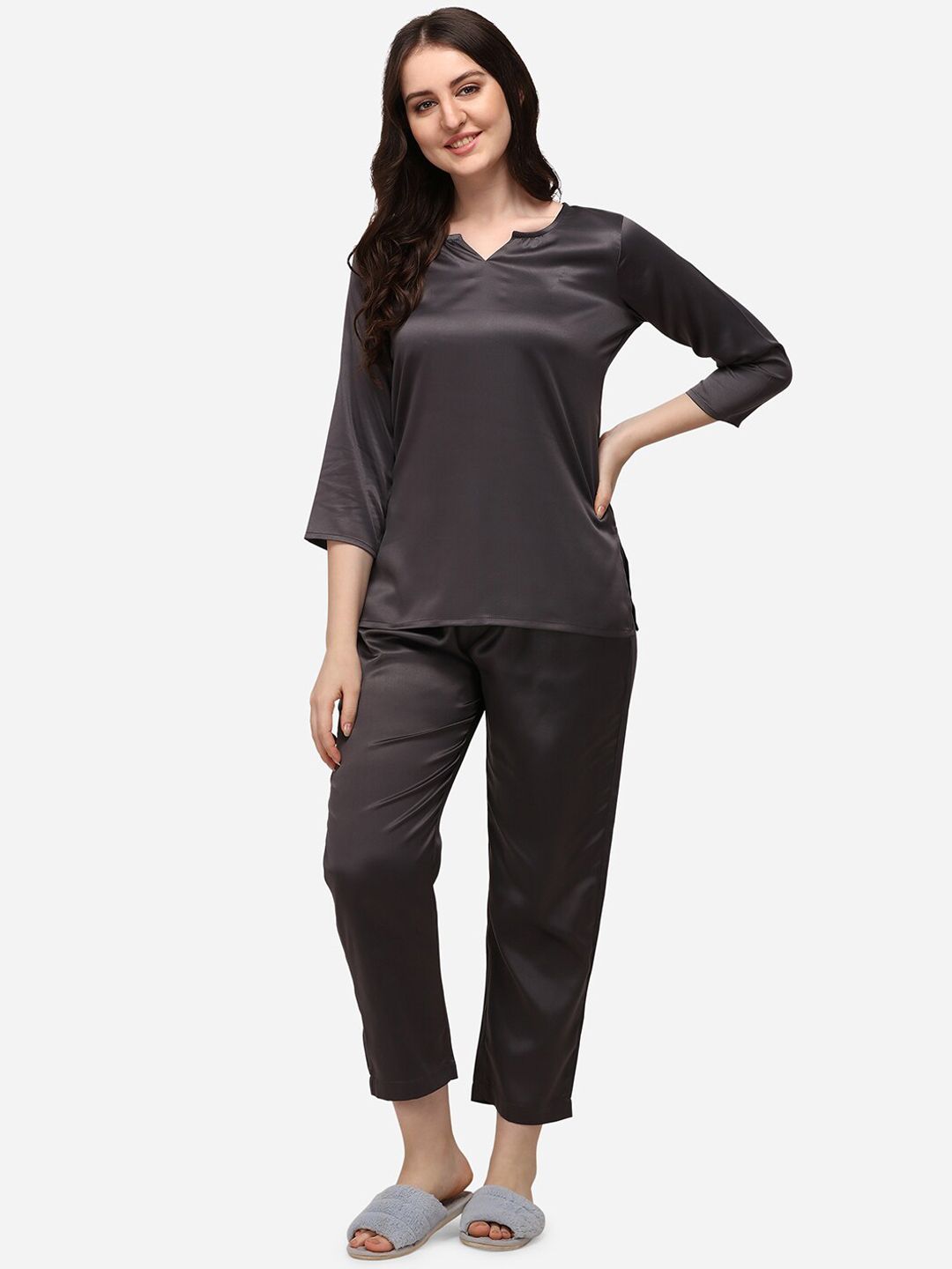 Smarty Pants Women Grey Solid Satin Night Suit Price in India