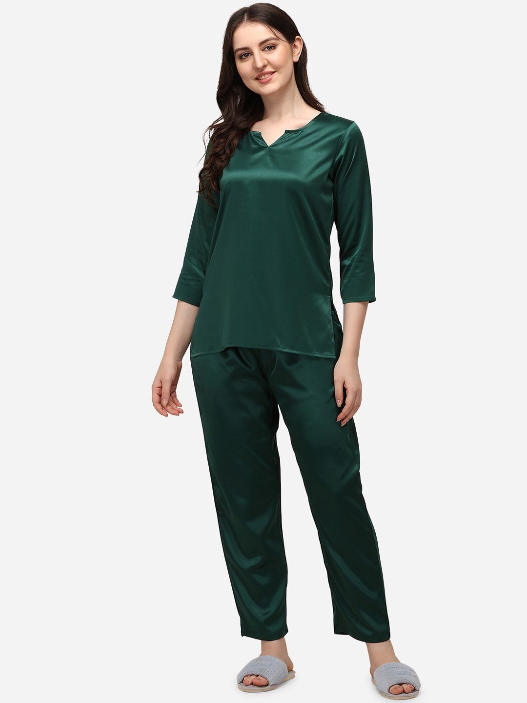 Smarty Pants Women Green Solid Satin Night suit Set Price in India