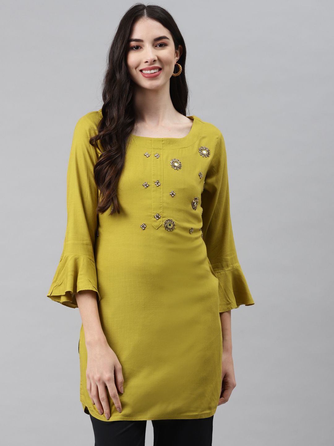 HIGHLIGHT FASHION EXPORT Green Embellished Embroidered Regular Top