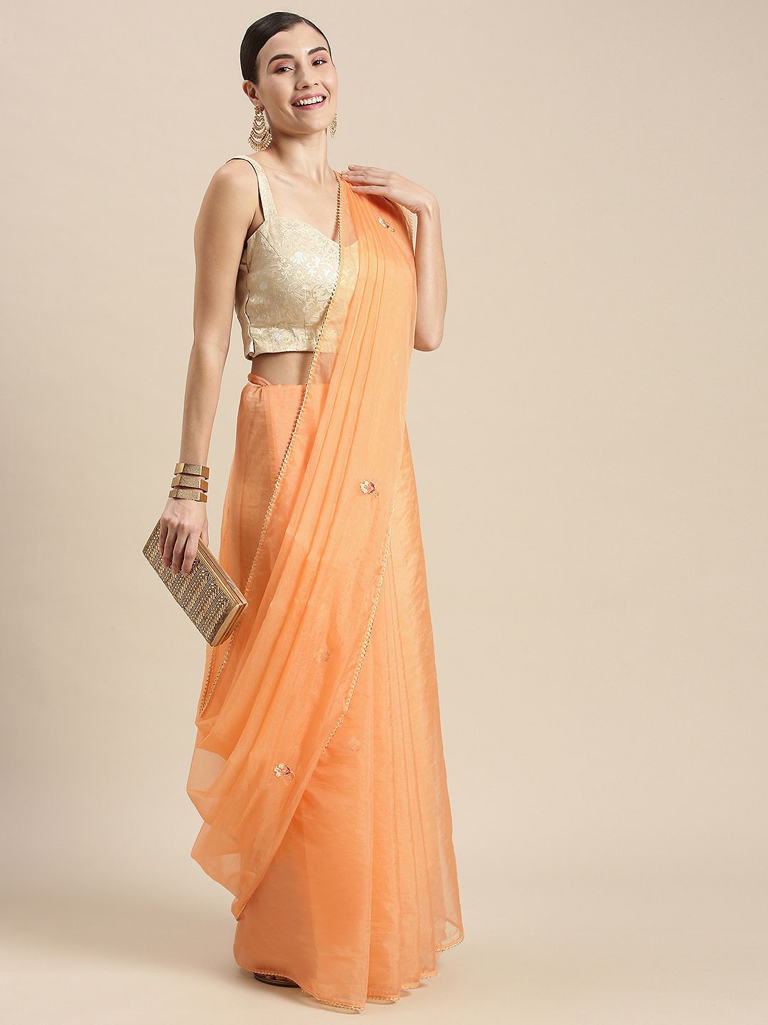 Geroo Jaipur Peach-Coloured Embellished Gotta Patti Organza Saree Price in India