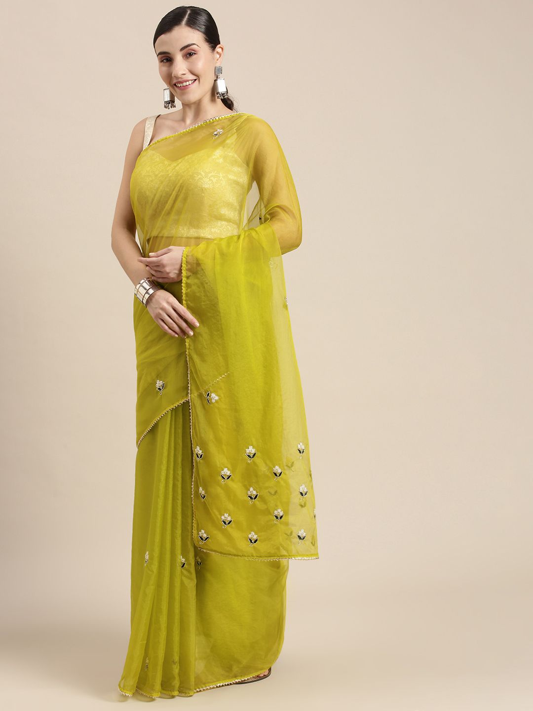 Geroo Jaipur Green Gotta Patti Organza Saree Price in India