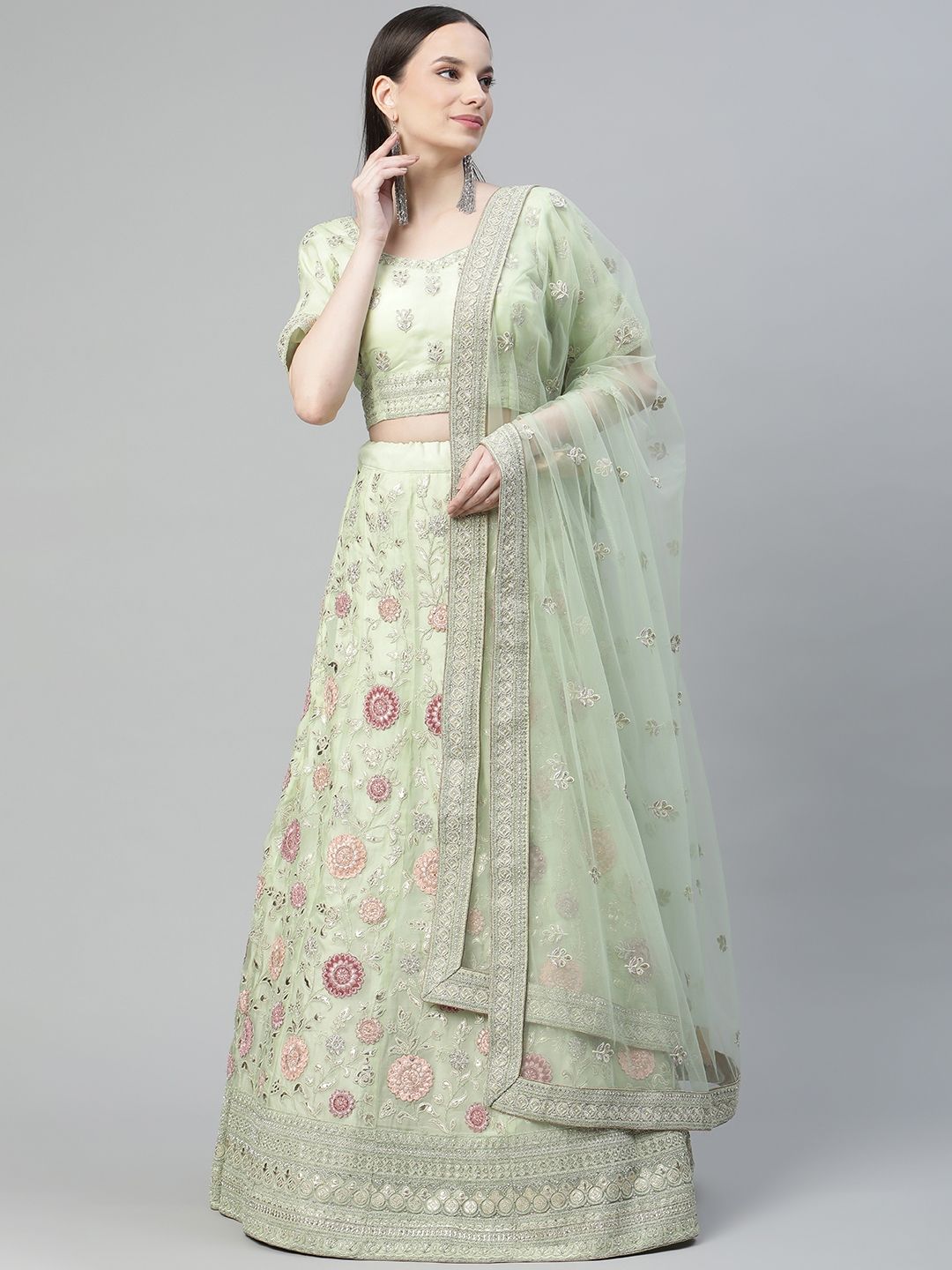 Readiprint Fashions Green Embroidered Sequinned Unstitched Lehenga & Blouse With Dupatta Price in India