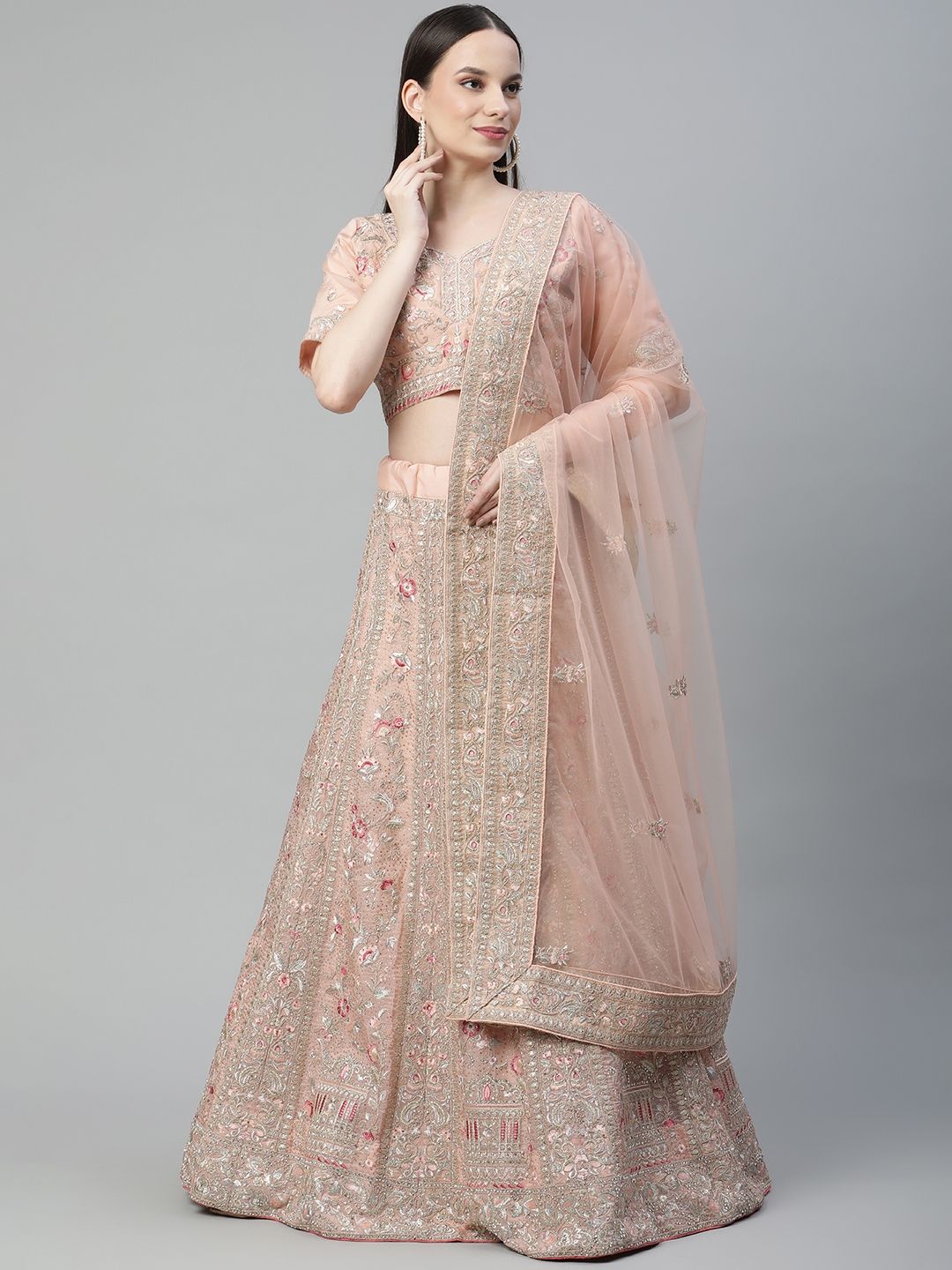 Readiprint Fashions Peach-Coloured Embroidered Unstitched Lehenga & Blouse With Dupatta Price in India