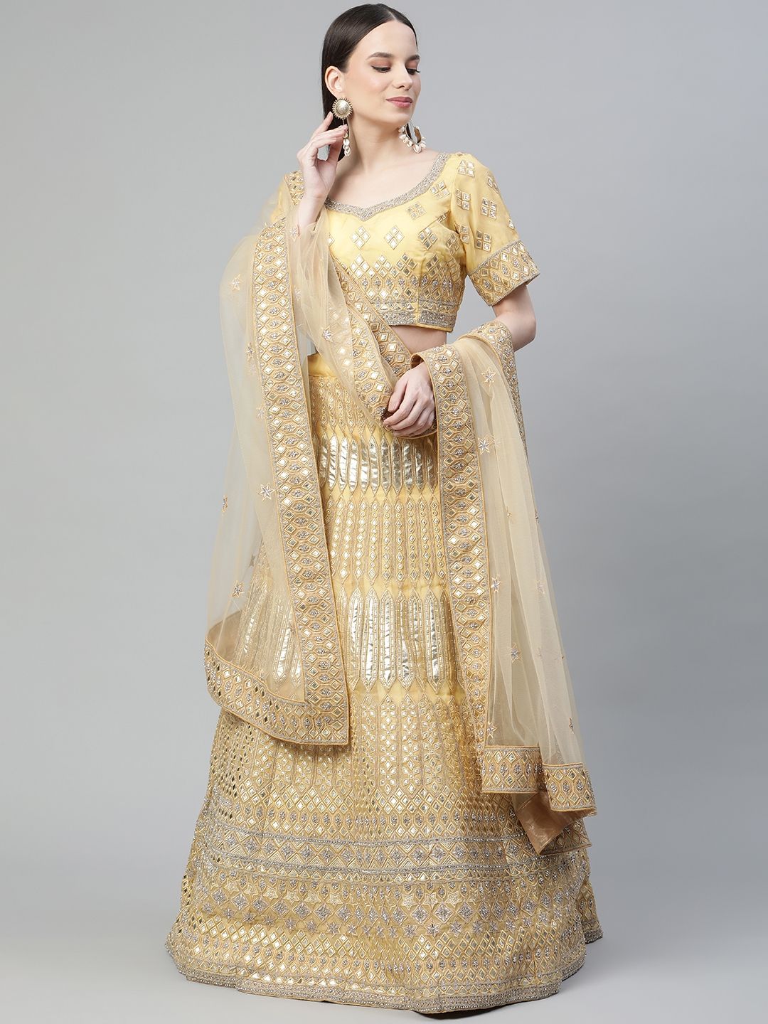Readiprint Fashions Yellow Embroidered Mirror Work Unstitched Lehenga & Blouse With Dupatta Price in India