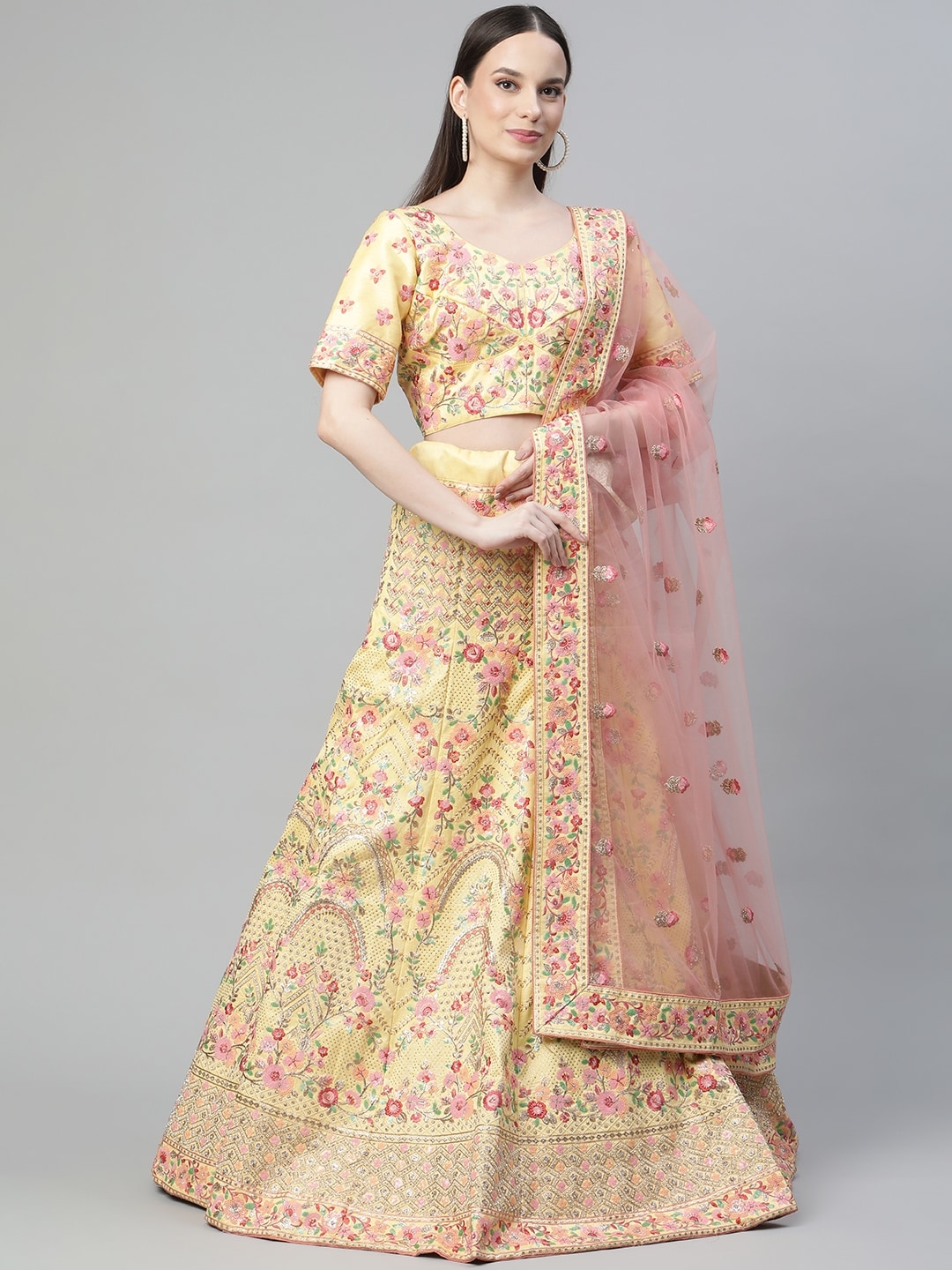 Readiprint Fashions Yellow & Pink Embroidered Thread Work Unstitched Lehenga & Blouse With Dupatta Price in India