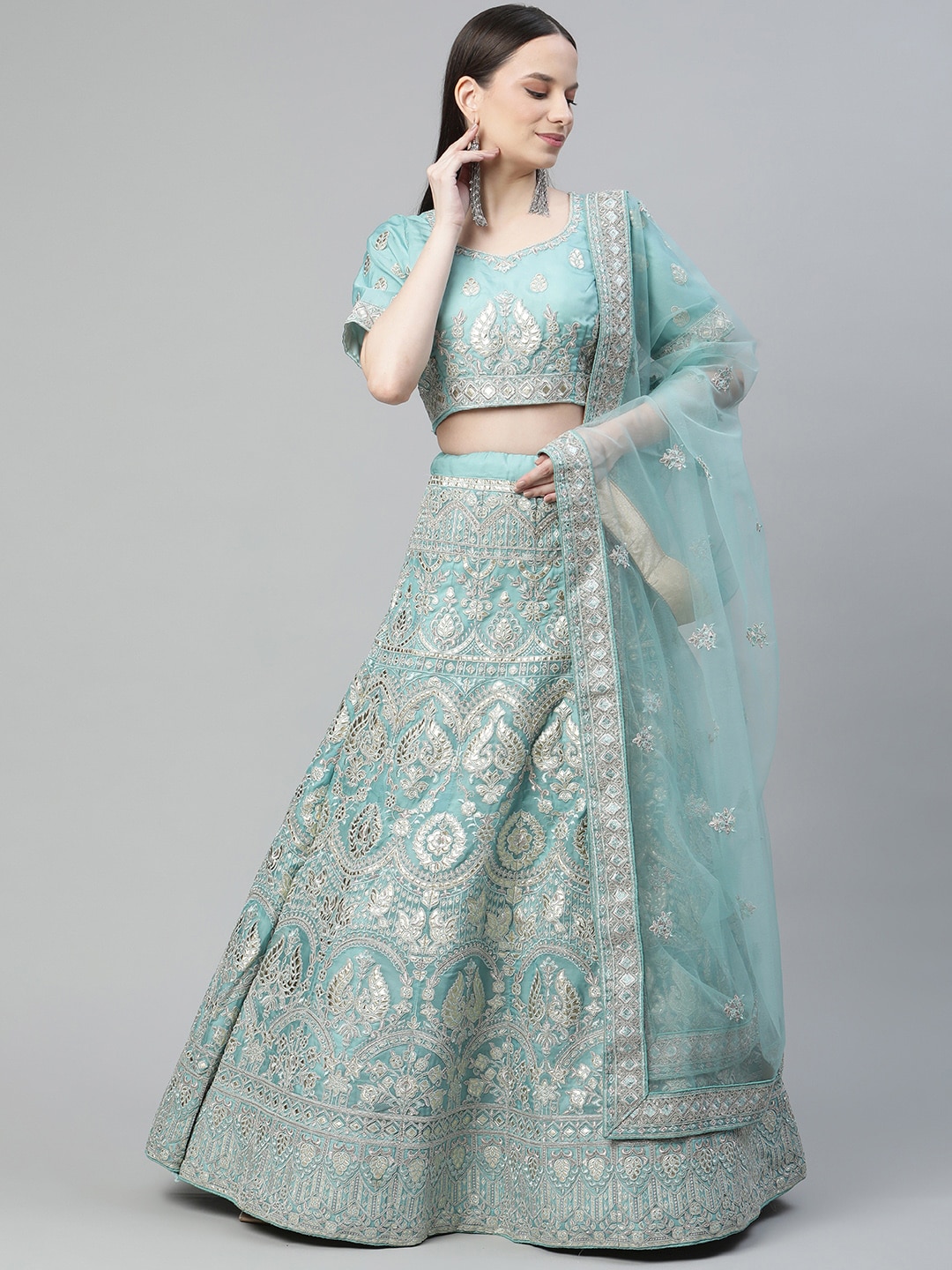 Readiprint Fashions Turquoise Blue Embroidered Unstitched Lehenga & Blouse With Dupatta Price in India