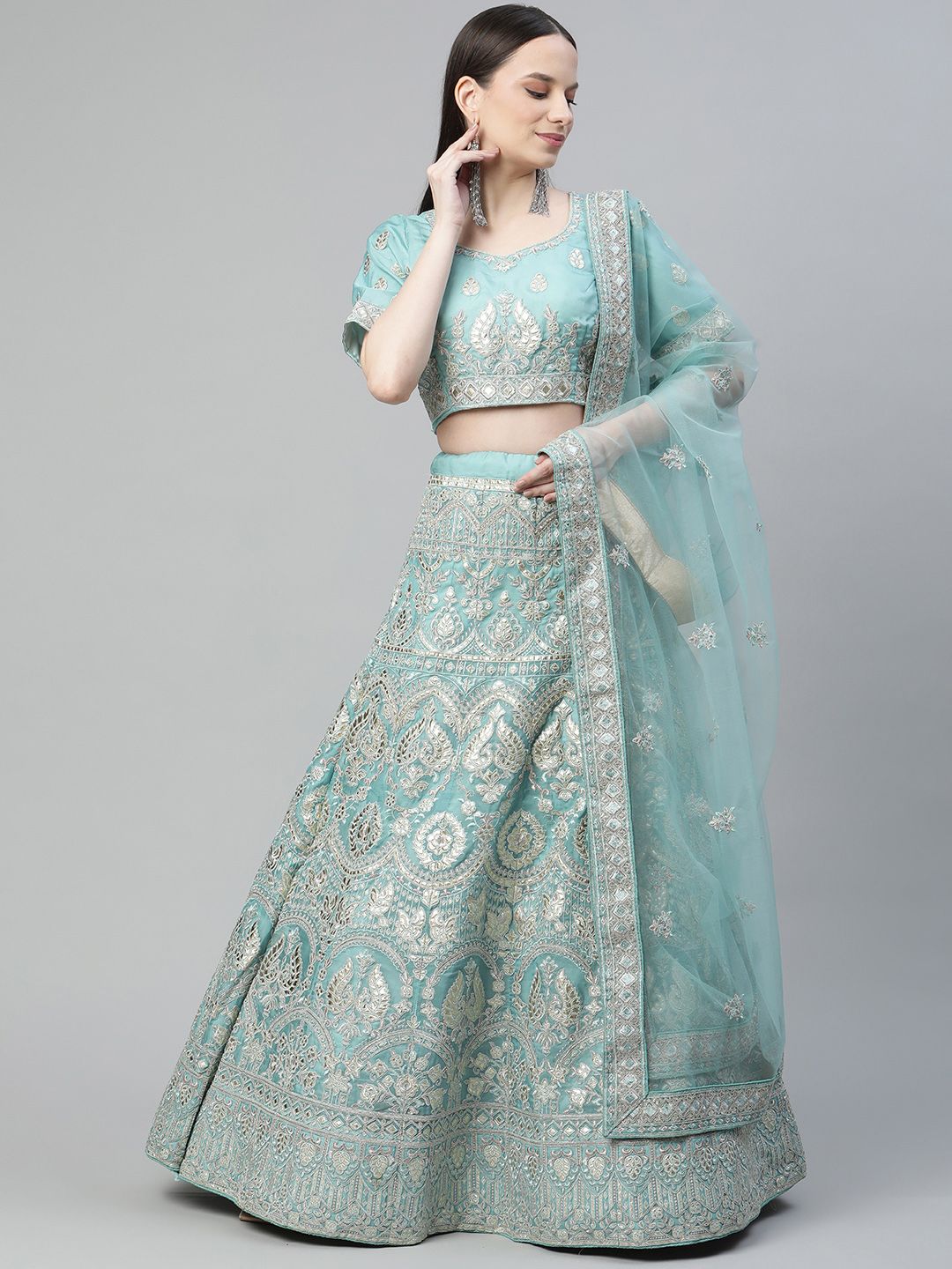 Readiprint Fashions Turquoise Blue Embroidered Unstitched Lehenga & Blouse With Dupatta Price in India