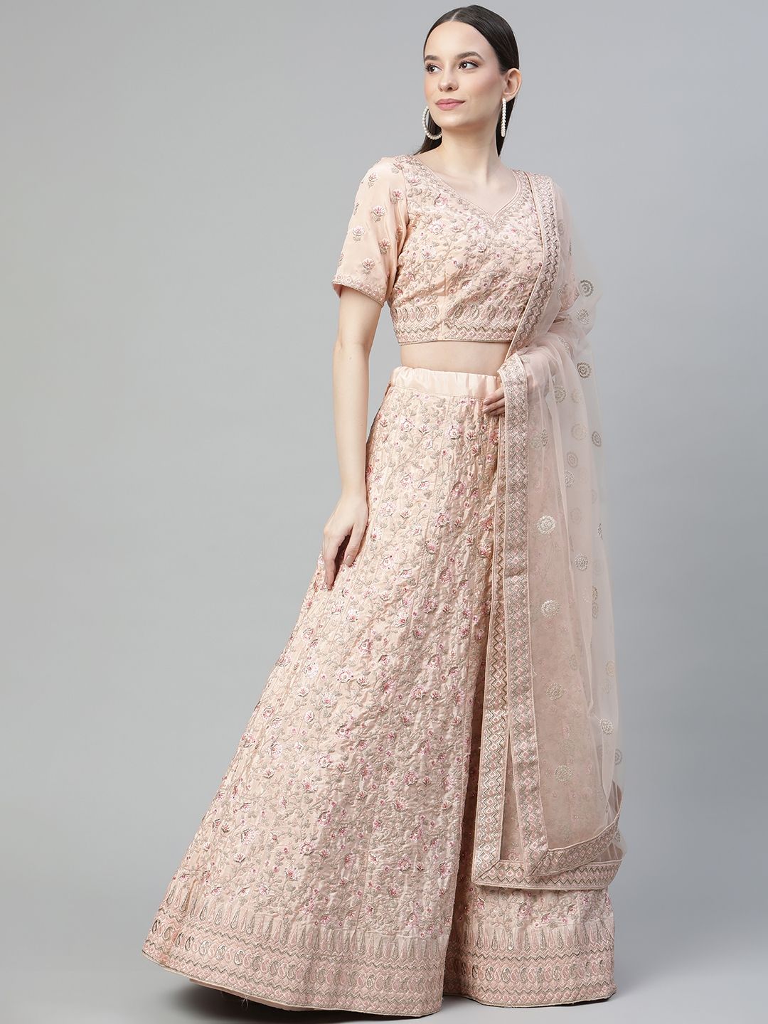 Readiprint Fashions Peach-Coloured Embroidered Semi-Stitched Lehenga & Unstitched Blouse With Dupatta Price in India