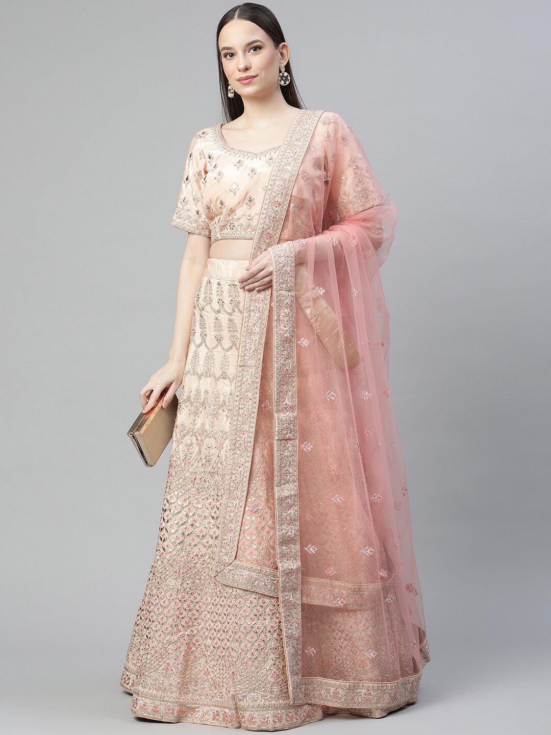 Readiprint Fashions Peach-Coloured & Pink Embroidered Semi-Stitched Lehenga & Unstitched Blouse With Dupatta Price in India