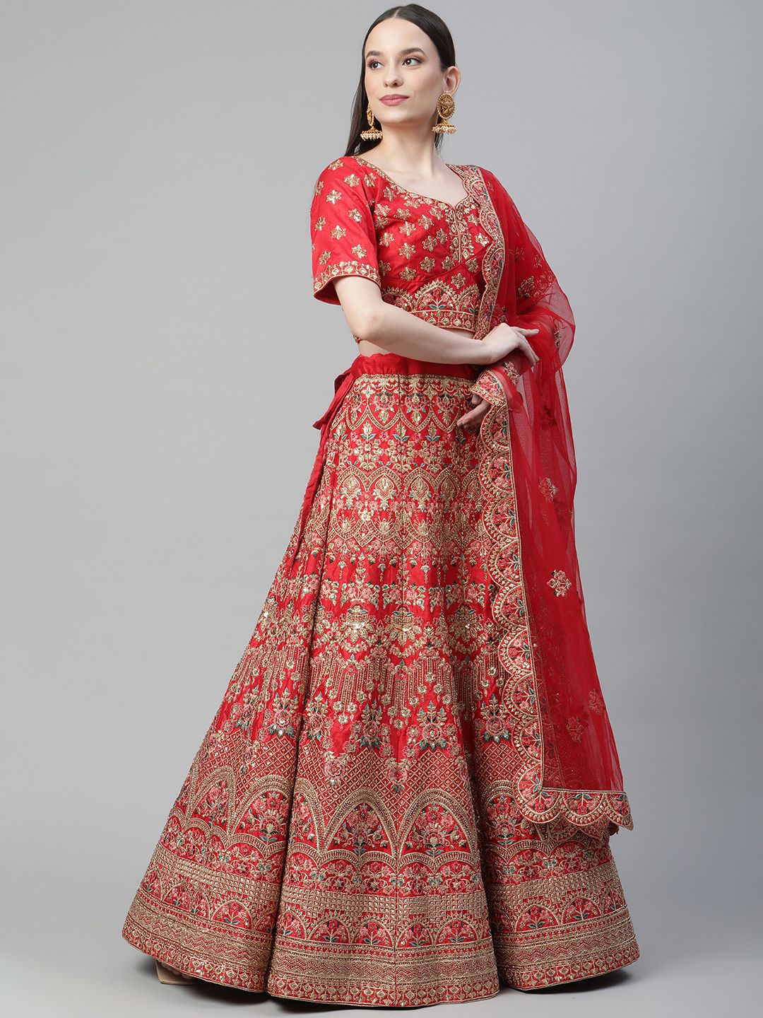 Readiprint Fashions Red Embroidered Sequinned Semi-Stitched Lehenga & Unstitched Blouse With Dupatta Price in India