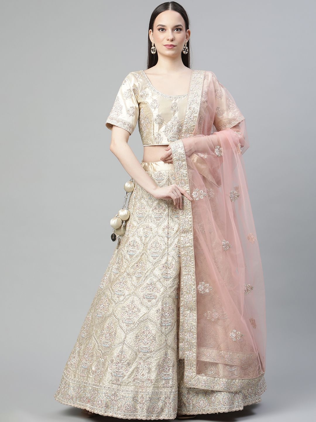 Readiprint Fashions Cream-Coloured Embroidered Beads and Stones Semi-Stitched Lehenga & Unstitched Blouse Price in India