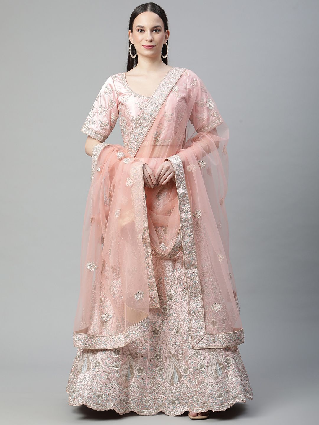 Readiprint Fashions Pink Embroidered Sequinned Semi-Stitched Lehenga & Unstitched Blouse With Dupatta Price in India