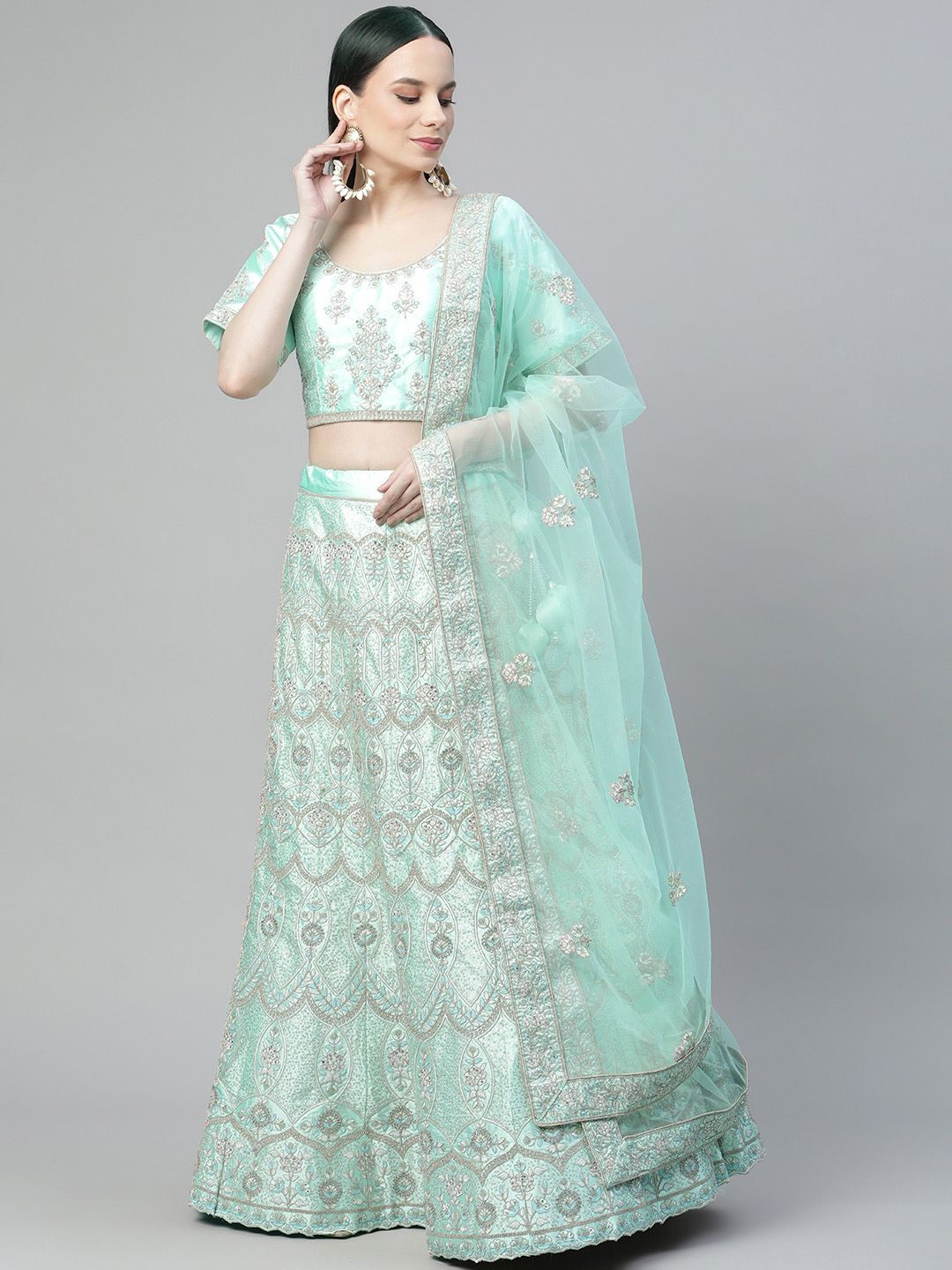 Readiprint Fashions Green Embroidered Sequinned Semi-Stitched Lehenga & Unstitched Blouse With Dupatta Price in India