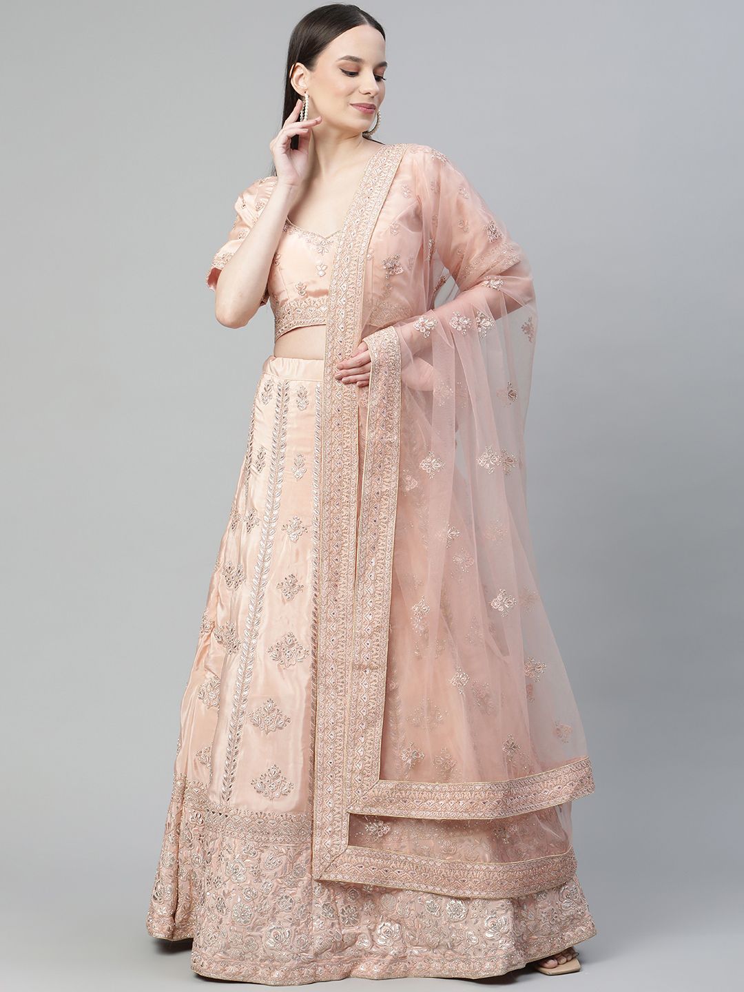 Readiprint Fashions Peach-Coloured Embroidered Semi-Stitched Lehenga & Unstitched Blouse With Dupatta Price in India