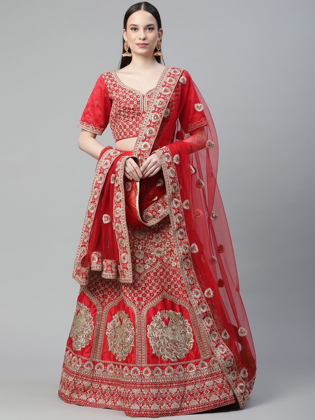 Readiprint Fashions Red Embroidered Sequinned Semi-Stitched Lehenga & Unstitched Blouse With Dupatta Price in India