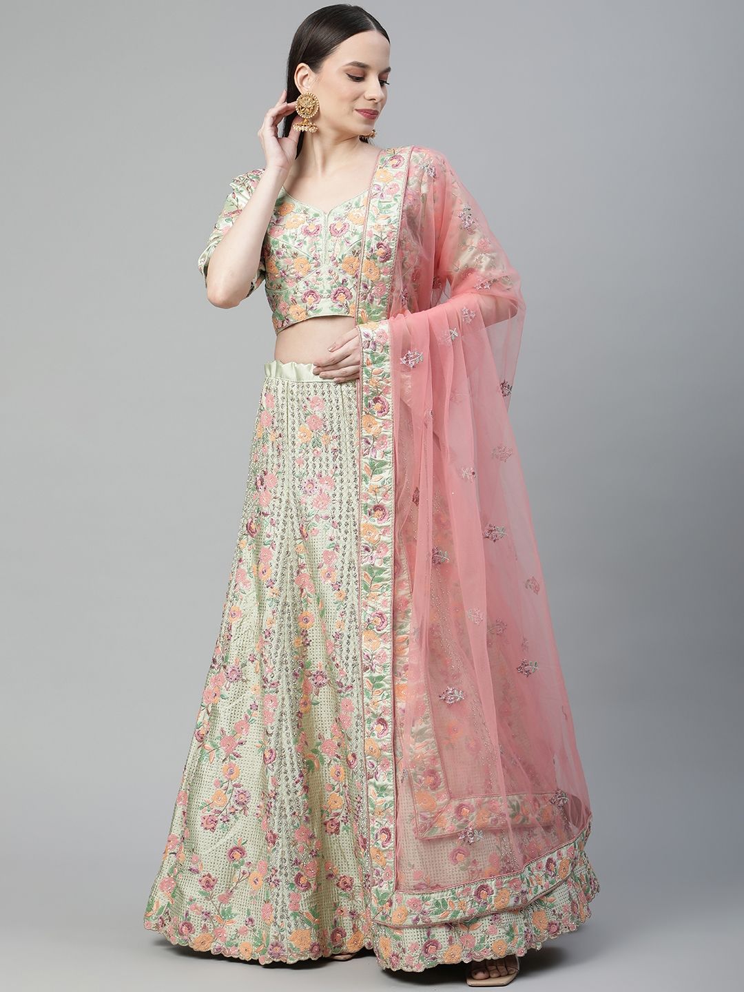 Readiprint Fashions Green & Pink Embroidered Semi-Stitched Lehenga & Unstitched Blouse With Dupatta Price in India