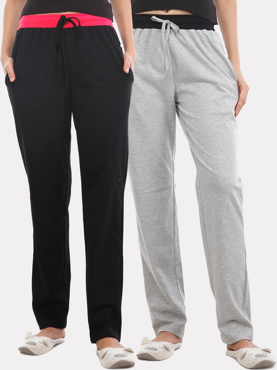 Nite Flite Women Pack of 2 Black & Grey Cotton Solid Pyjamas Price in India