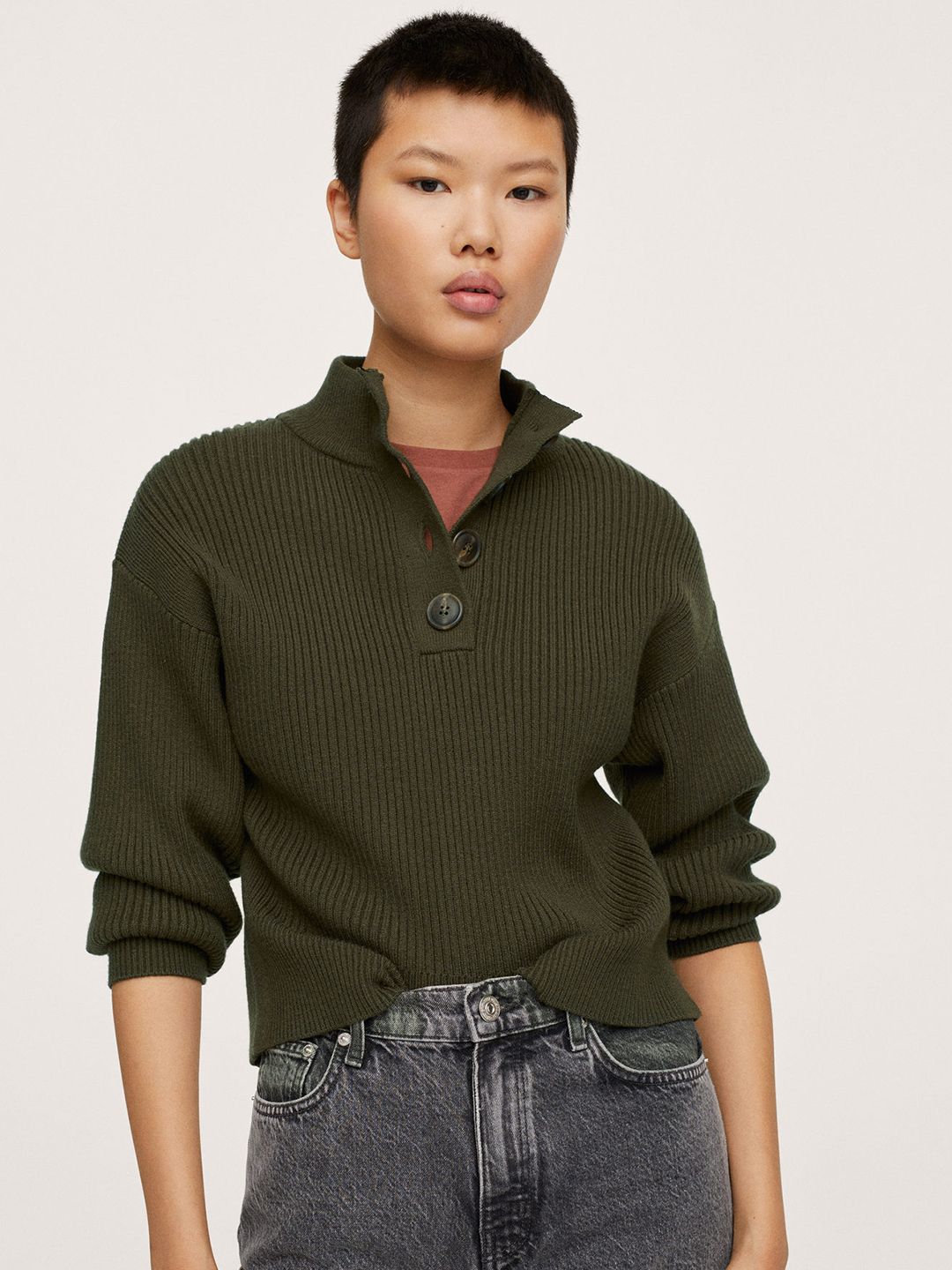 MANGO Women Olive Green Ribbed Pullover Price in India