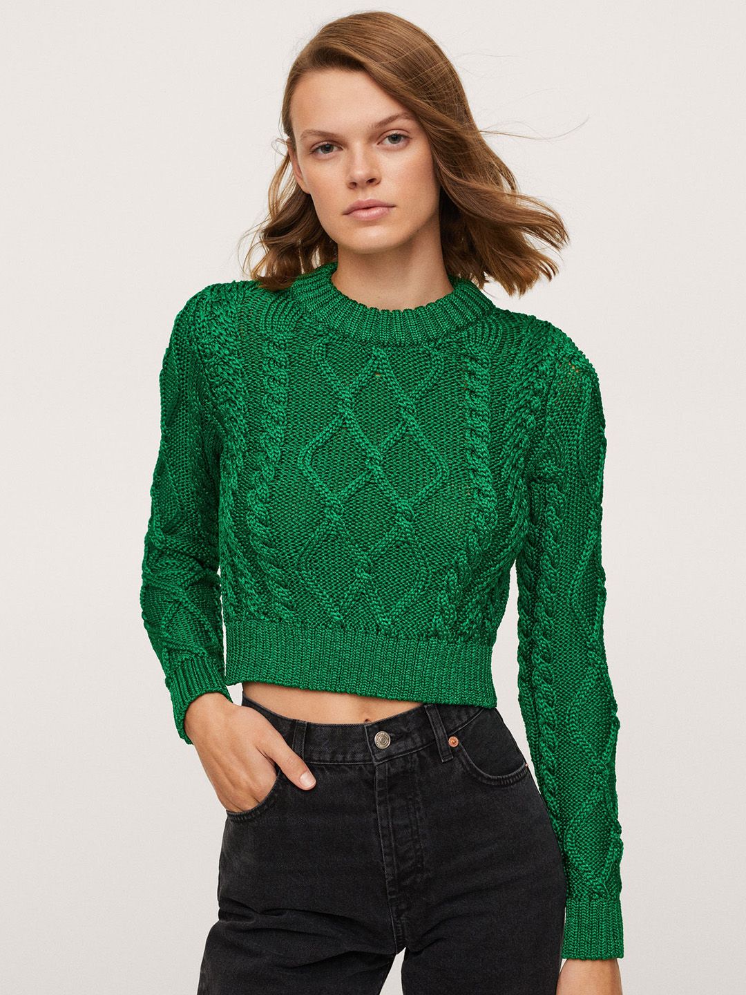 MANGO Women Green Cable Knit Crop Pullover Price in India