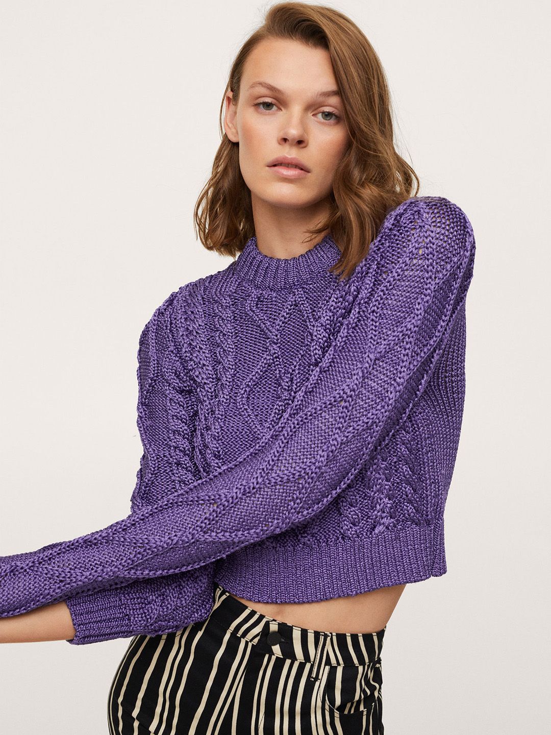 MANGO Women Purple Cable Knit Crop Pullover Price in India