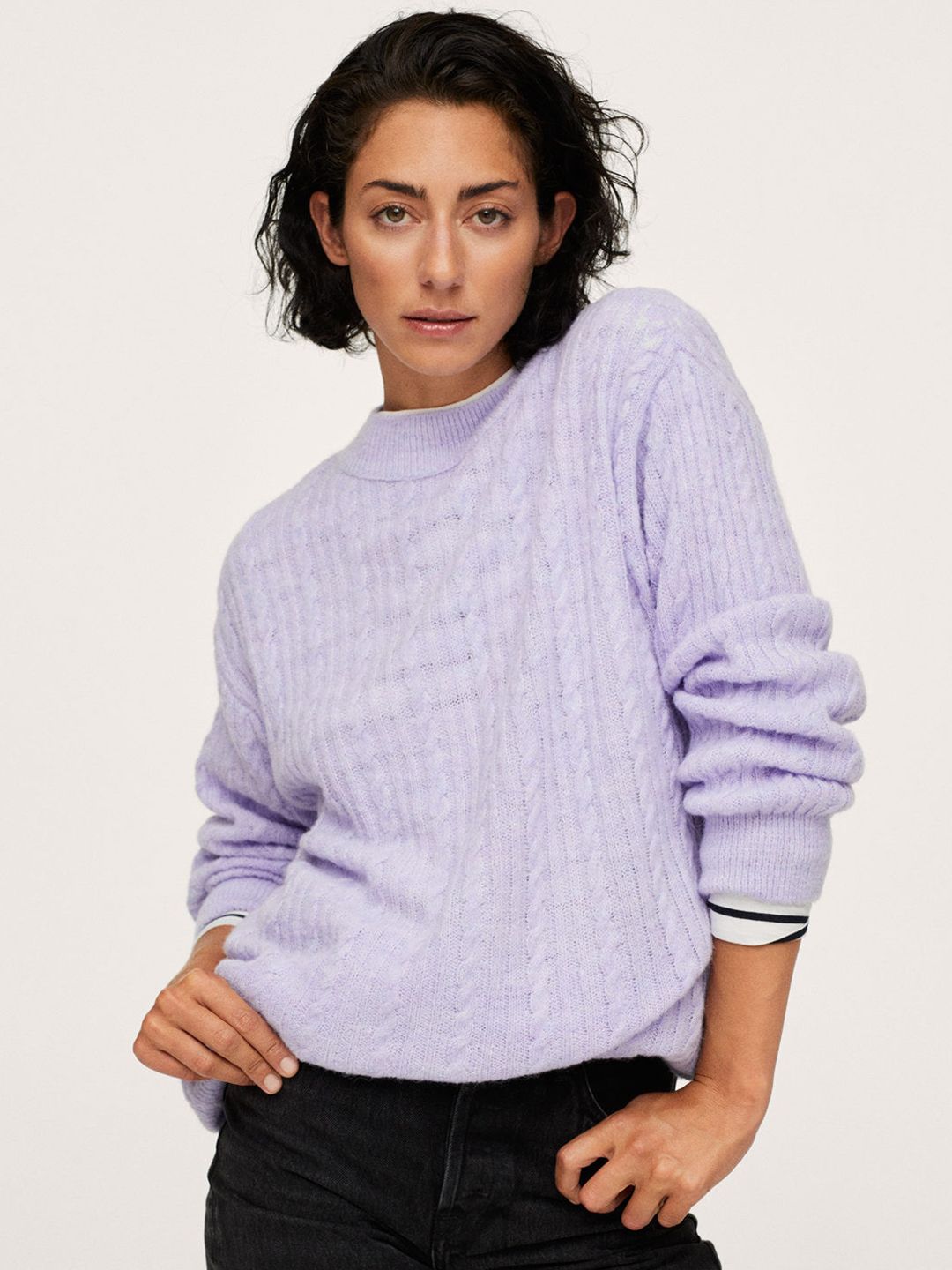 MANGO Women Lavender Cable Knit Longline Pullover Price in India