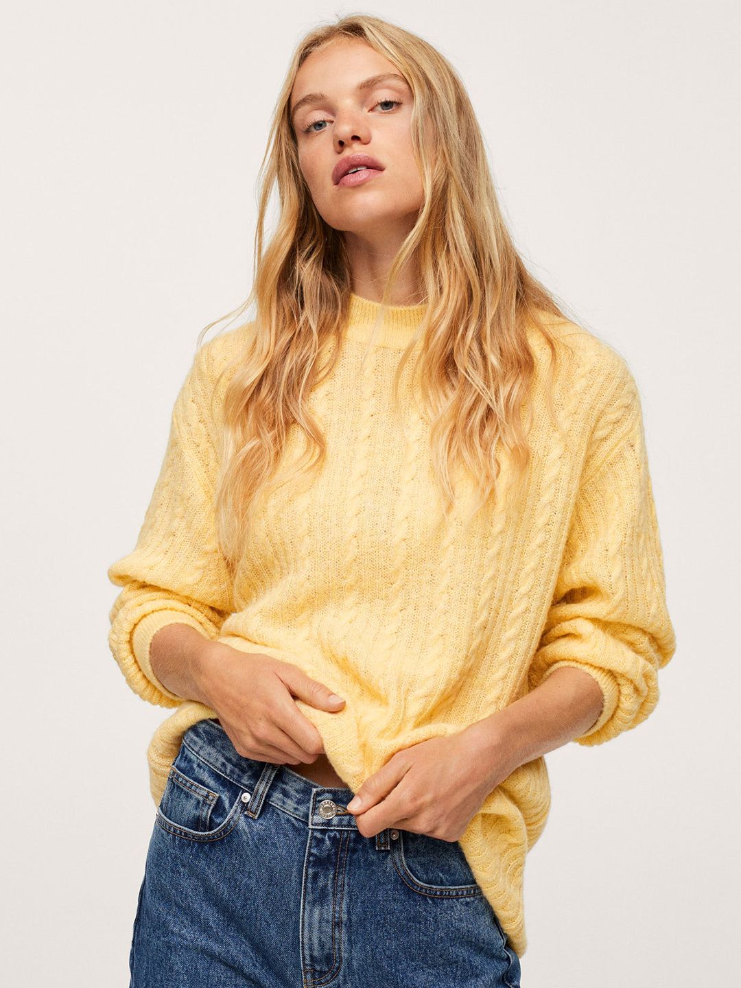 MANGO Women Yellow Oversized Cable Knit Longline Pullover Price in India