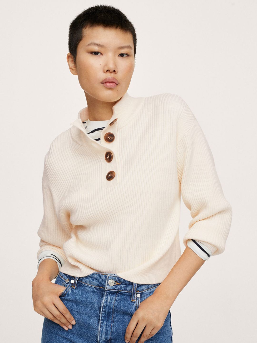 MANGO Women Off White Ribbed Pullover Price in India