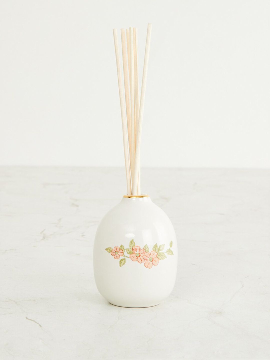 Home Centre White & Orange Printed Ceramic Decal Reed Diffuser Pot With 6 Sticks Price in India