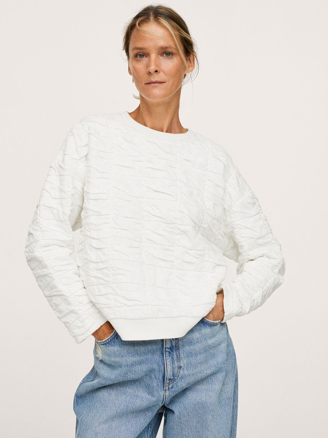MANGO Women White Textured Sweatshirt Price in India