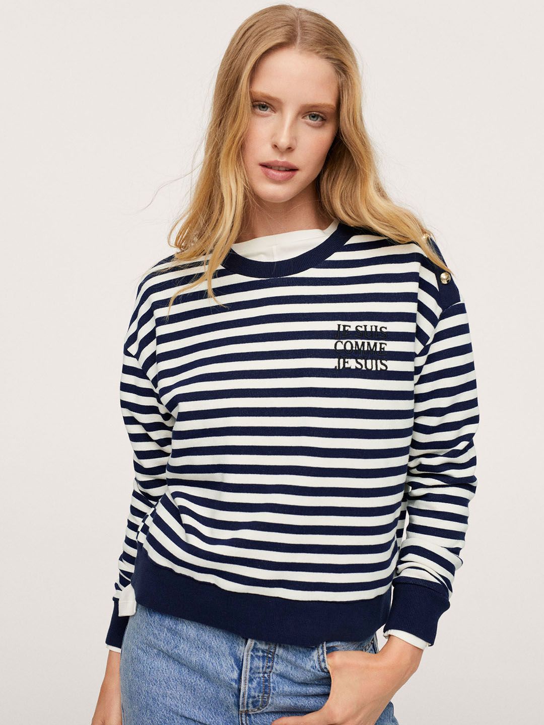 MANGO Women Navy Blue & White Pure Cotton Striped Sweatshirt Price in India