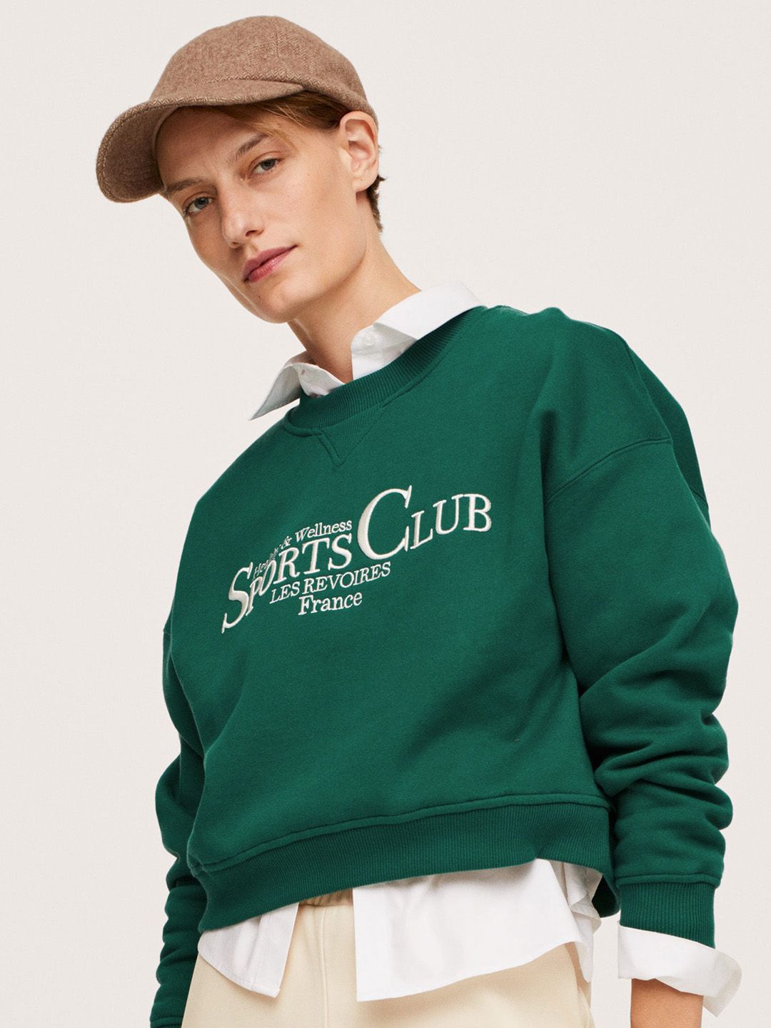 MANGO Women Green & White Embroidered Sweatshirt Price in India