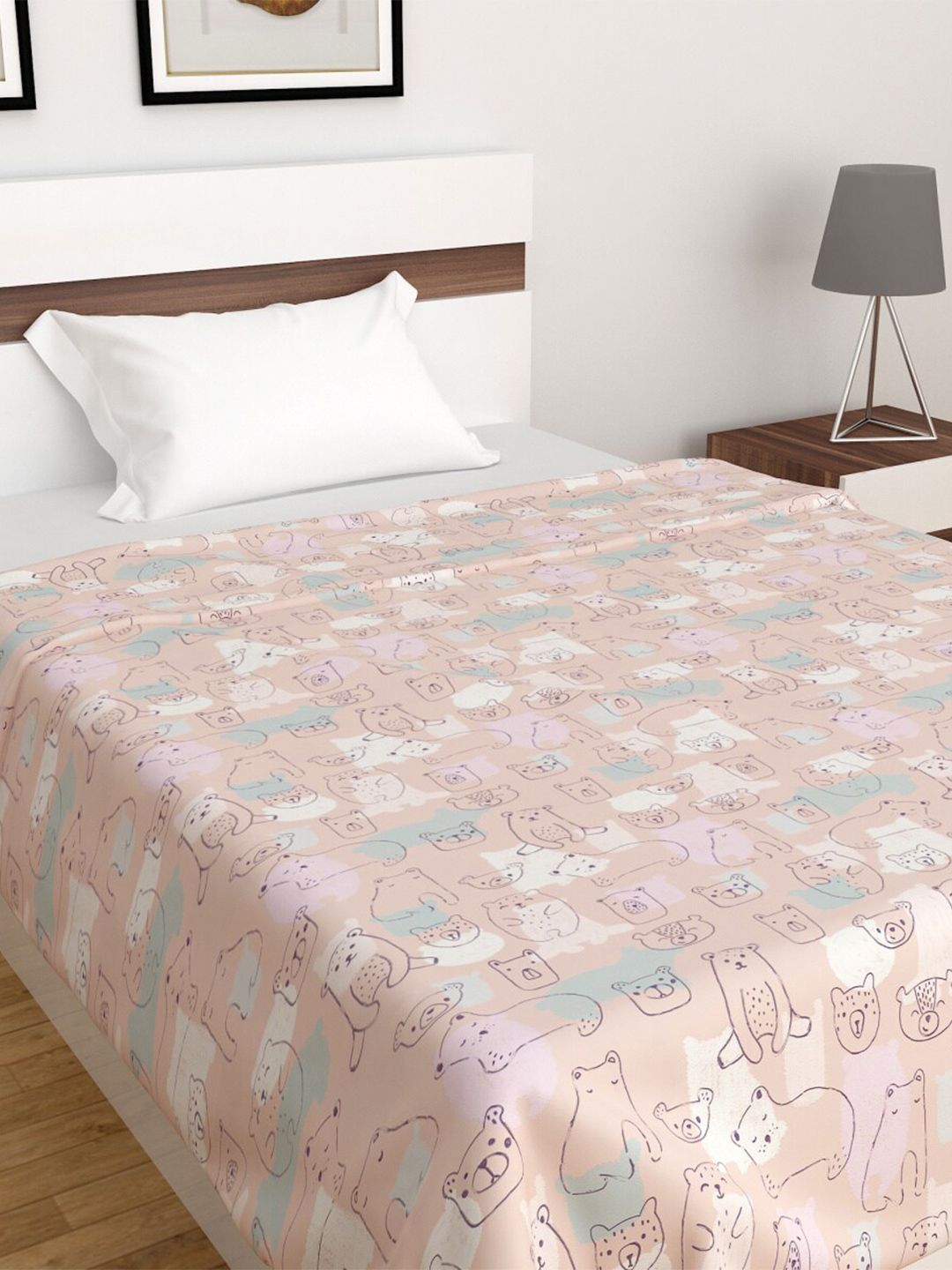 Home Centre Pink & Blue Slate Bear Polyester 210 GSM Single Bed Blanket With Pillow Price in India