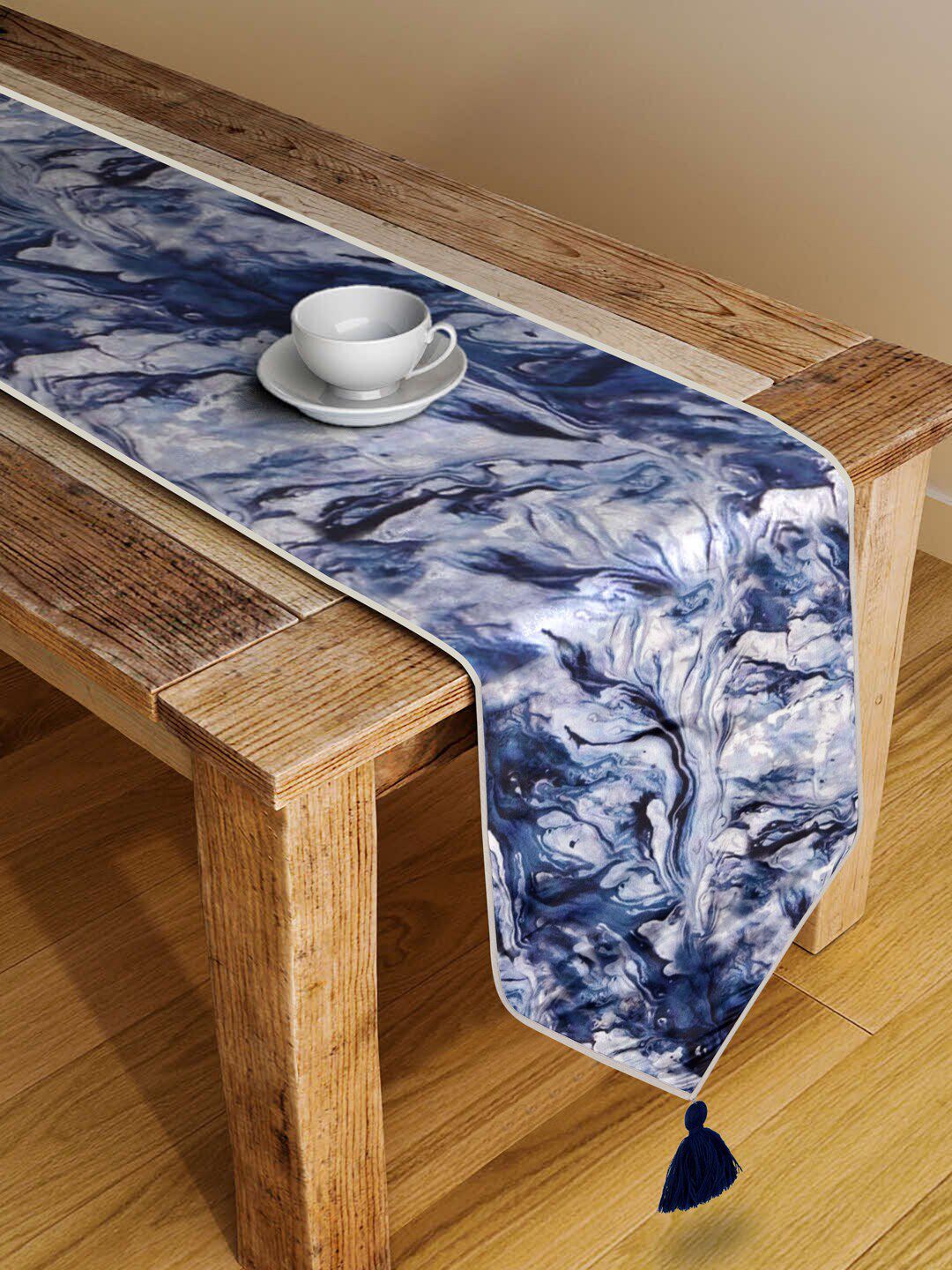 DECOREALM Blue & White Printed Table Runner Price in India