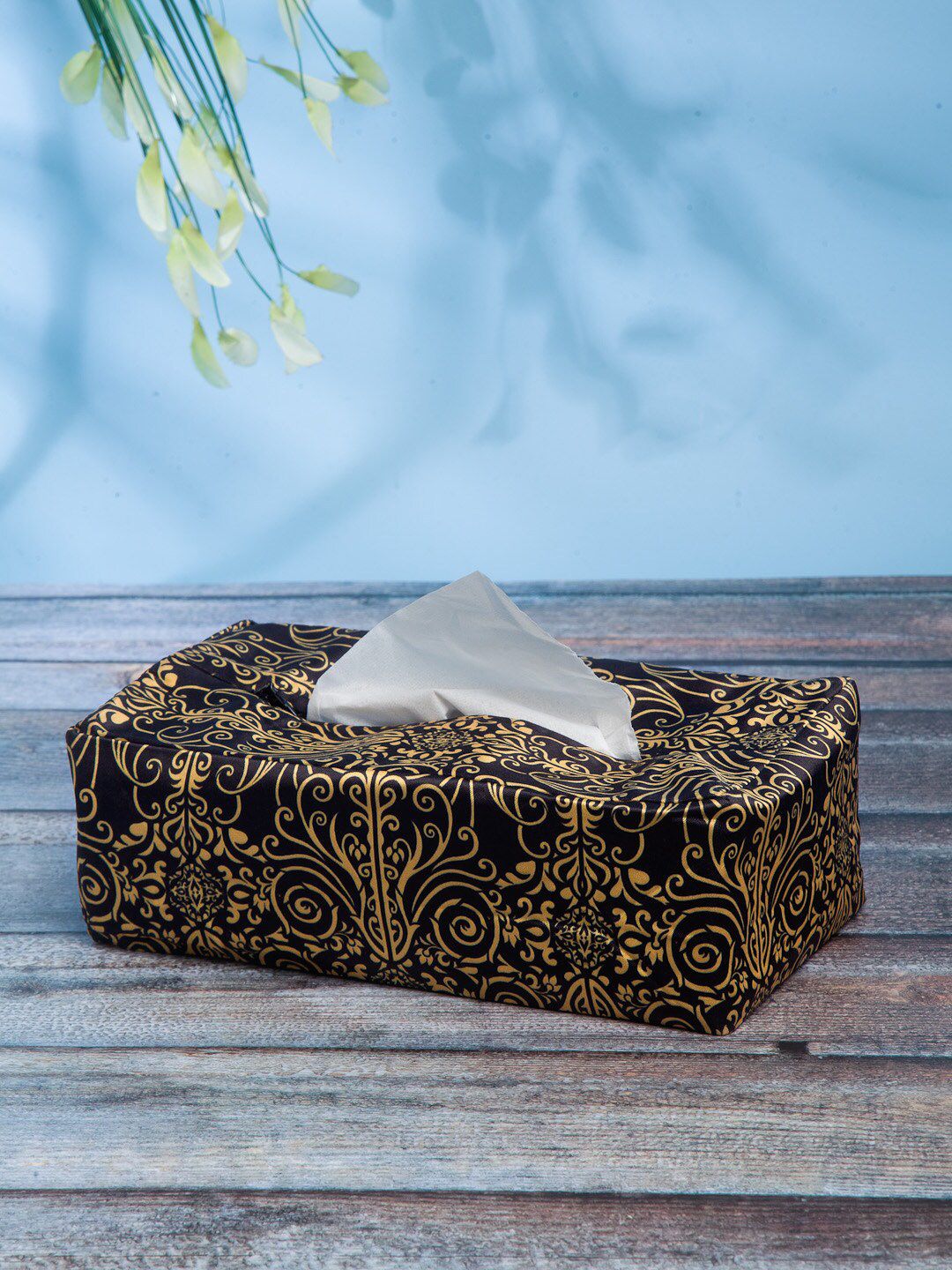 DECOREALM Black & Gold-Toned Printed Tissue Box Price in India