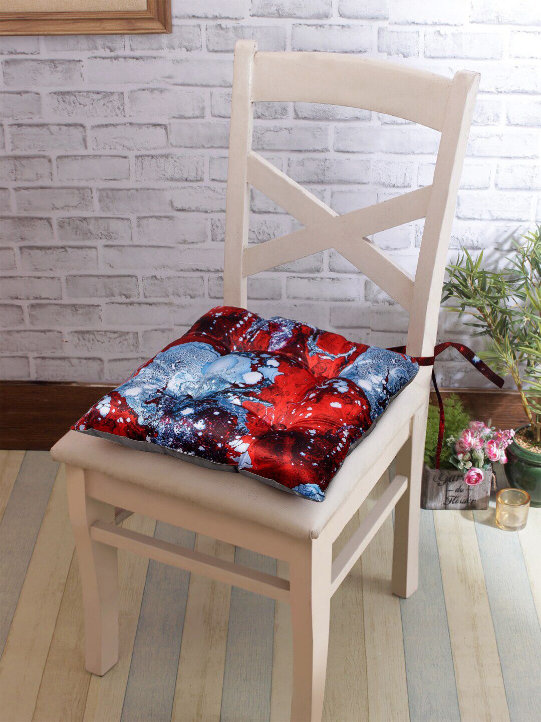 DECOREALM Set Of 2 Red & Blue Printed Chair Pads Price in India