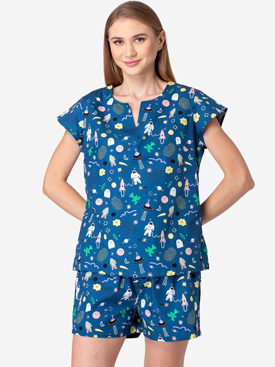 Fluffalump Women Blue & Pink Printed Pure Cotton Night suit Price in India