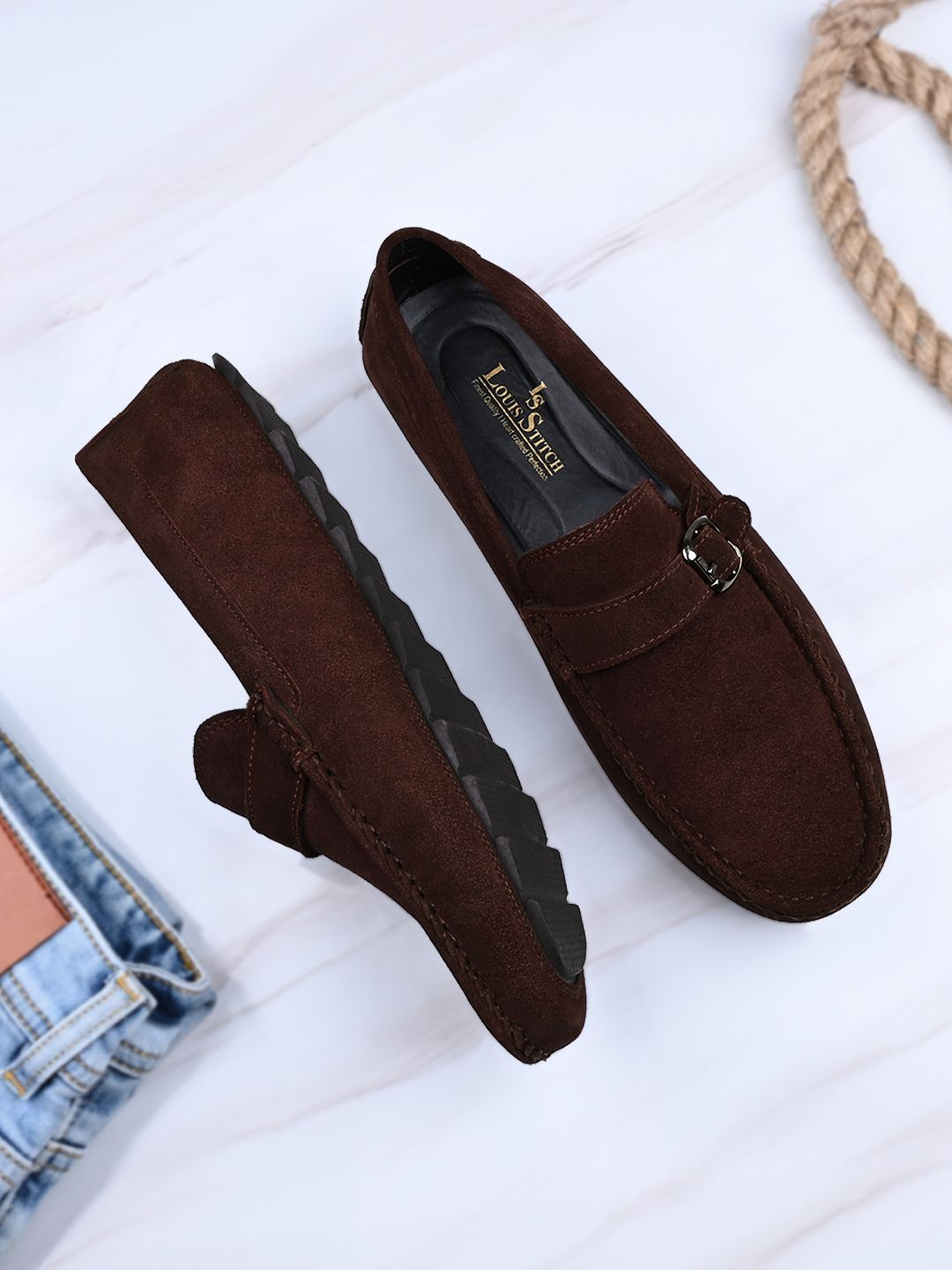 LOUIS STITCH Men Brunette Brown Italian Suede Leather Handmade Driving Loafers