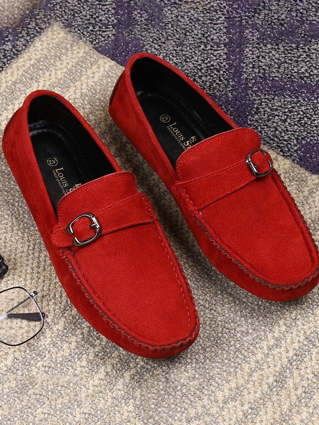 Louis Stitch Men Ferrari Red Italian Suede Leather Handmade Driving Loafers