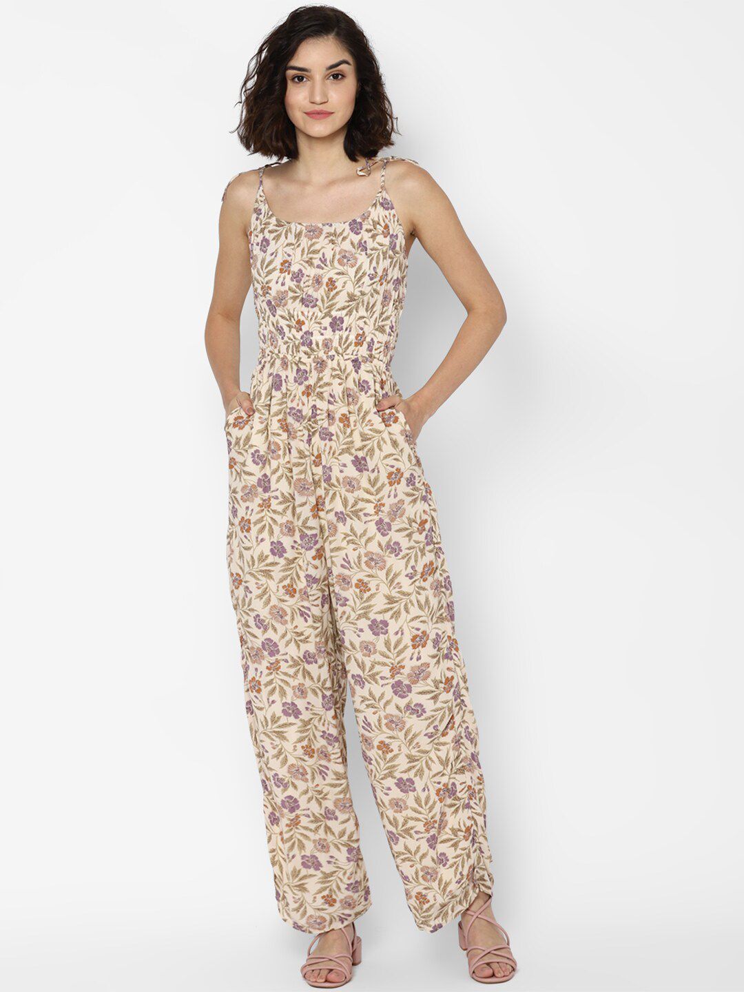 AMERICAN EAGLE OUTFITTERS Women Beige & Lavender Floral Printed Basic Jumpsuit Price in India