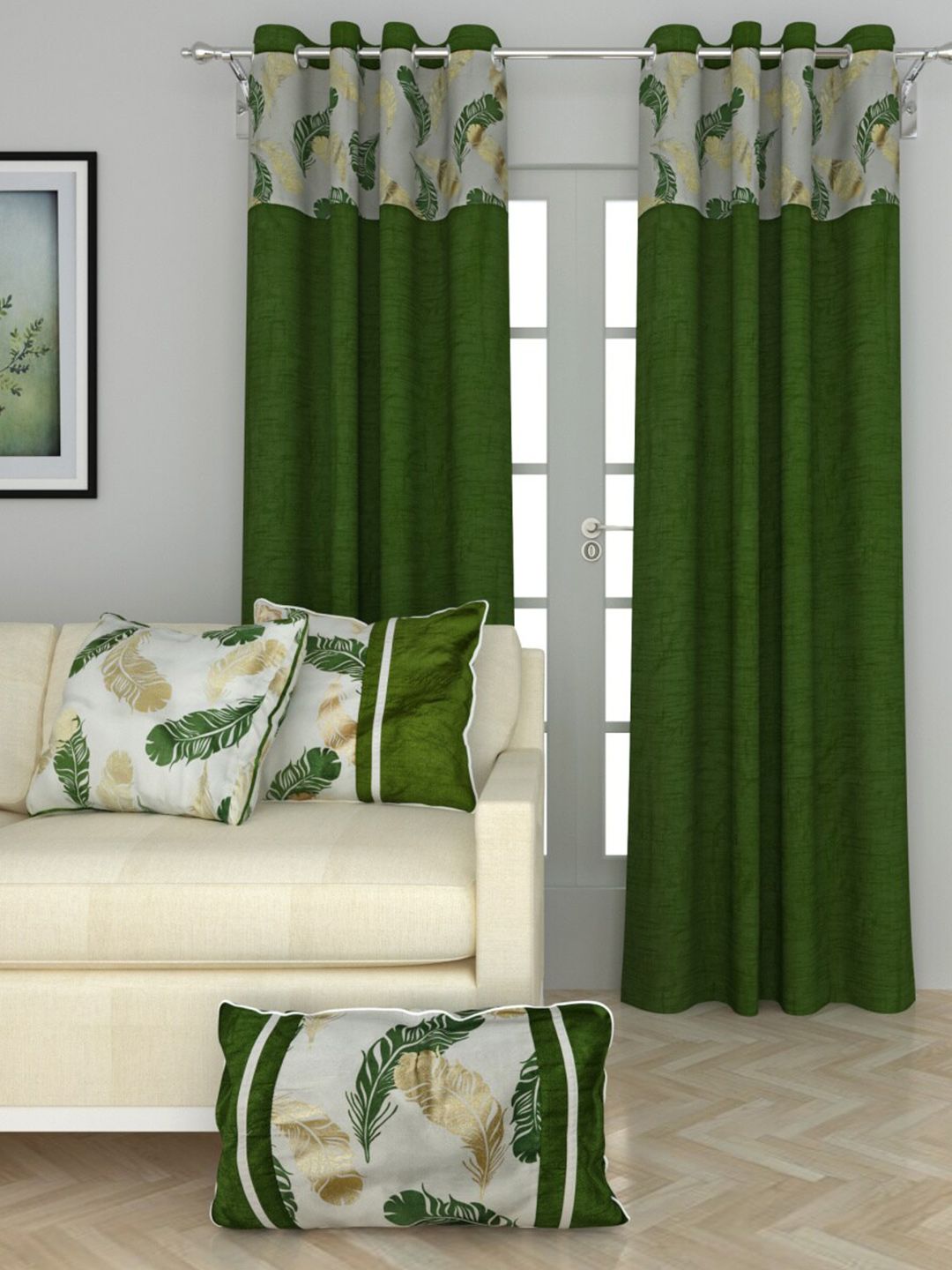 Home Centre Set of 2 Green & White Corsica Printed Door Curtain With 3 Cushion Cover Set Price in India