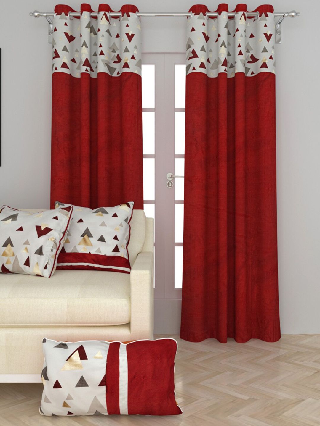 Home Centre Set of 5 Red & Grey Geometric 2 Door Curtain With 3 Cushion Cover Set Price in India