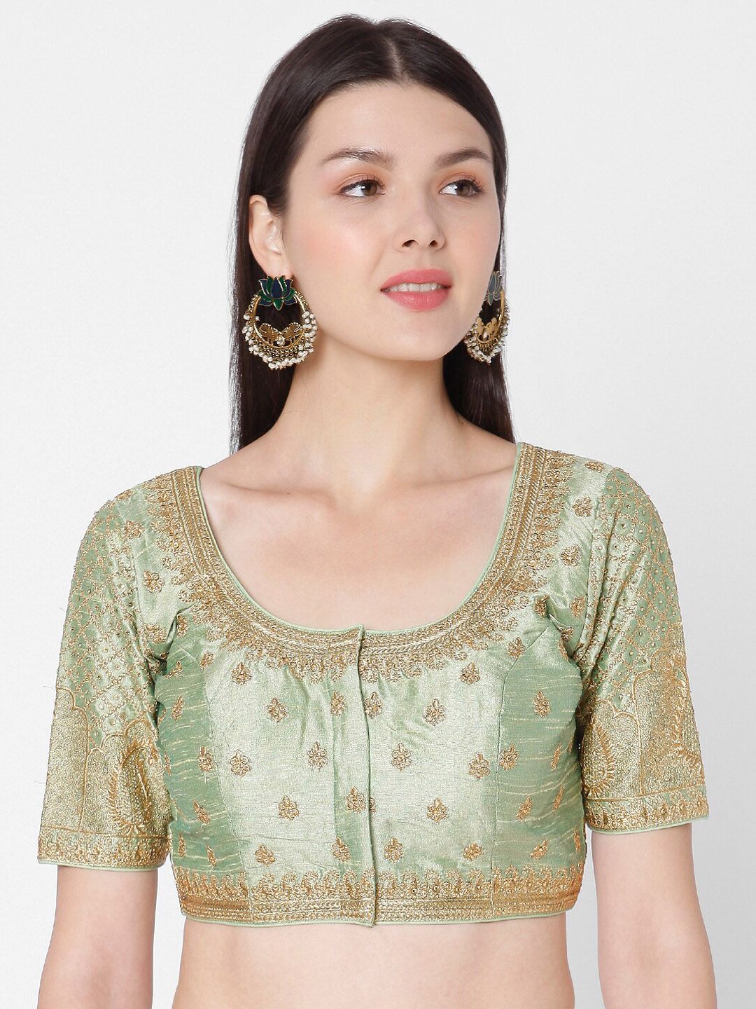 SALWAR STUDIO Women Green & Gold-Coloured Raw Silk Embroidered Saree Blouse Price in India