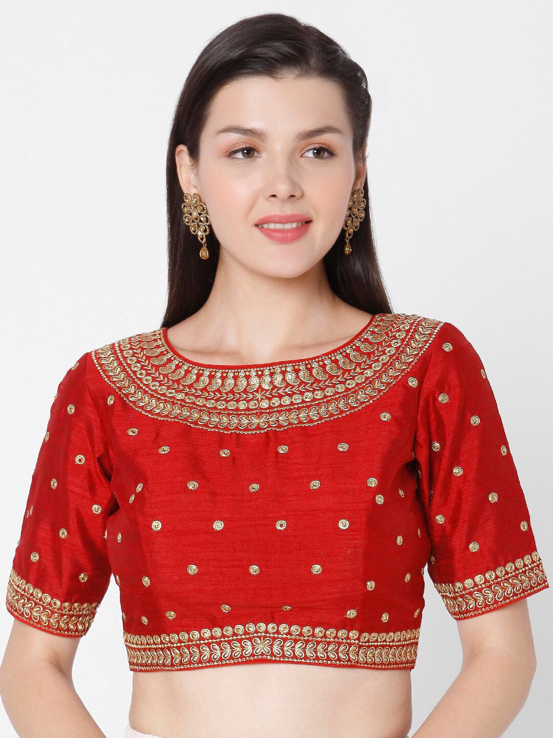 SALWAR STUDIO Women Red & Gold-Coloured Embroidered Silk Saree Blouse Price in India