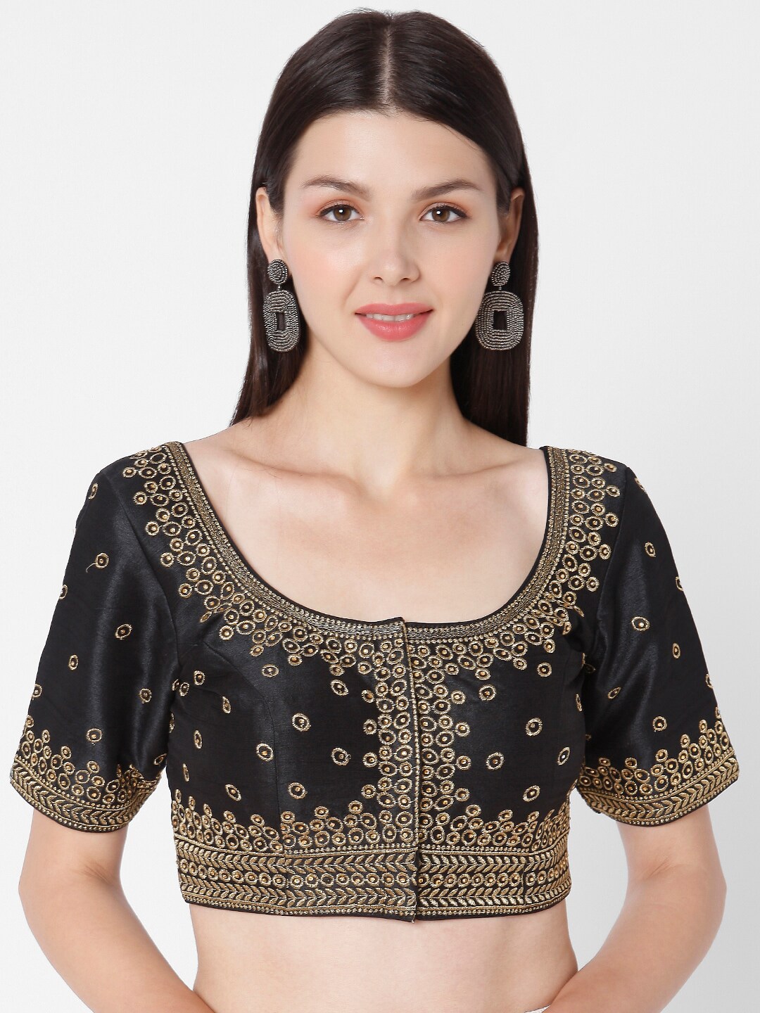 SALWAR STUDIO Women Black & Embroidered Silk Saree Blouse Price in India