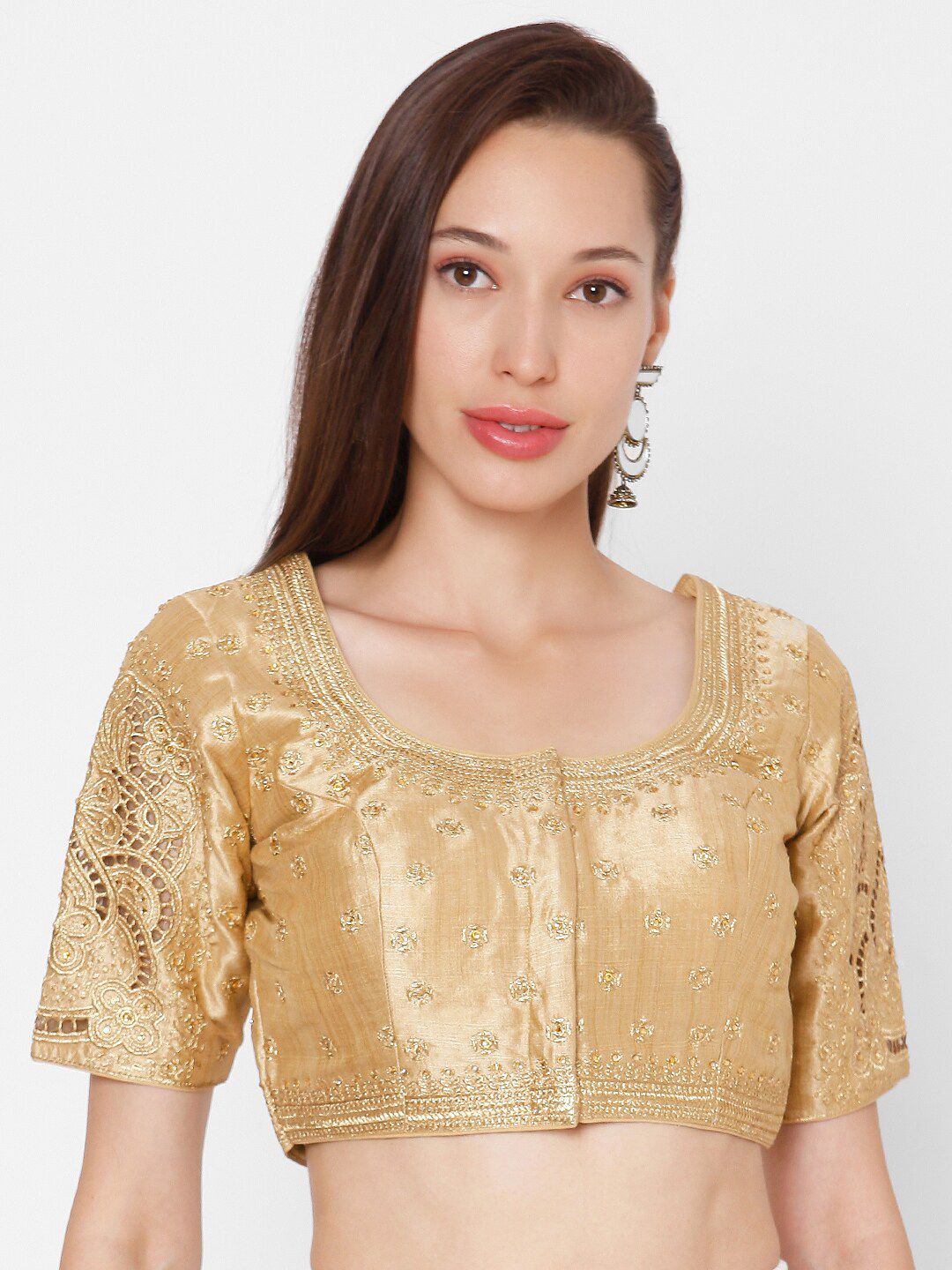 SALWAR STUDIO Women Gold-Coloured Embroidered Silk Saree Blouse Price in India