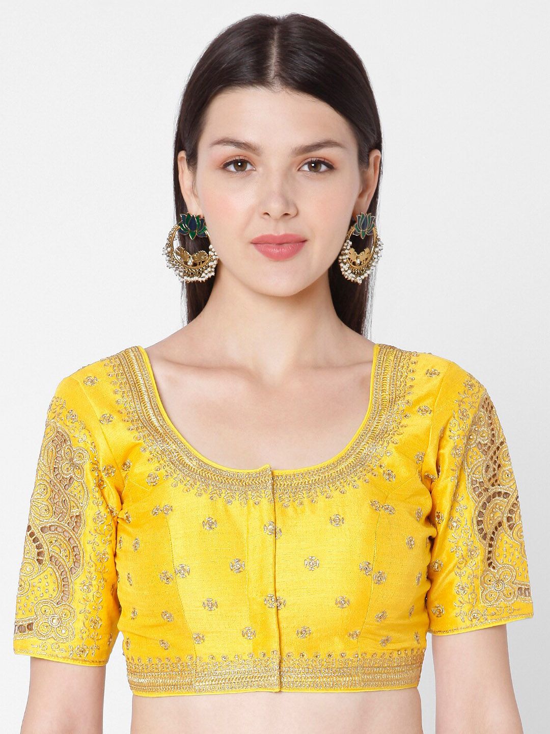 SALWAR STUDIO Women Yellow & Gold-Coloured Embroidered Phantom Silk Saree Blouse Price in India