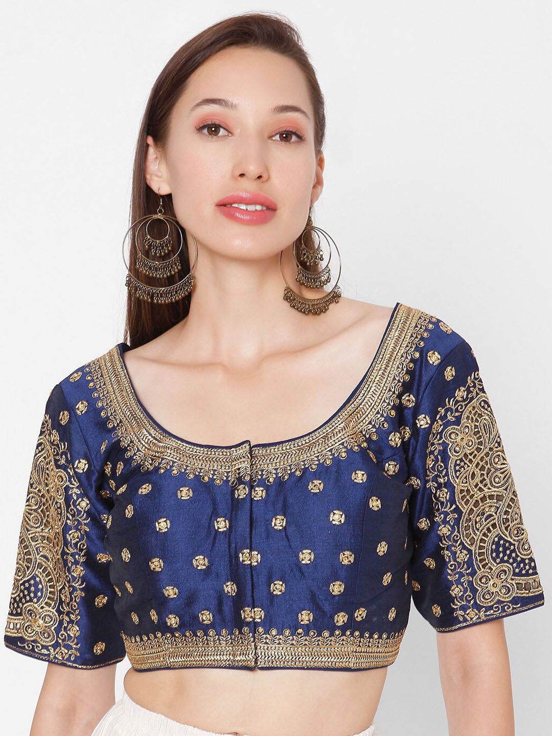 SALWAR STUDIO Women Navy Blue & Gold-Coloured Embroidered Saree Blouse Price in India