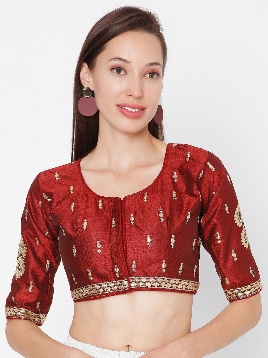 SALWAR STUDIO Women Maroon & Gold-Coloured Embroidered Saree Blouse Price in India
