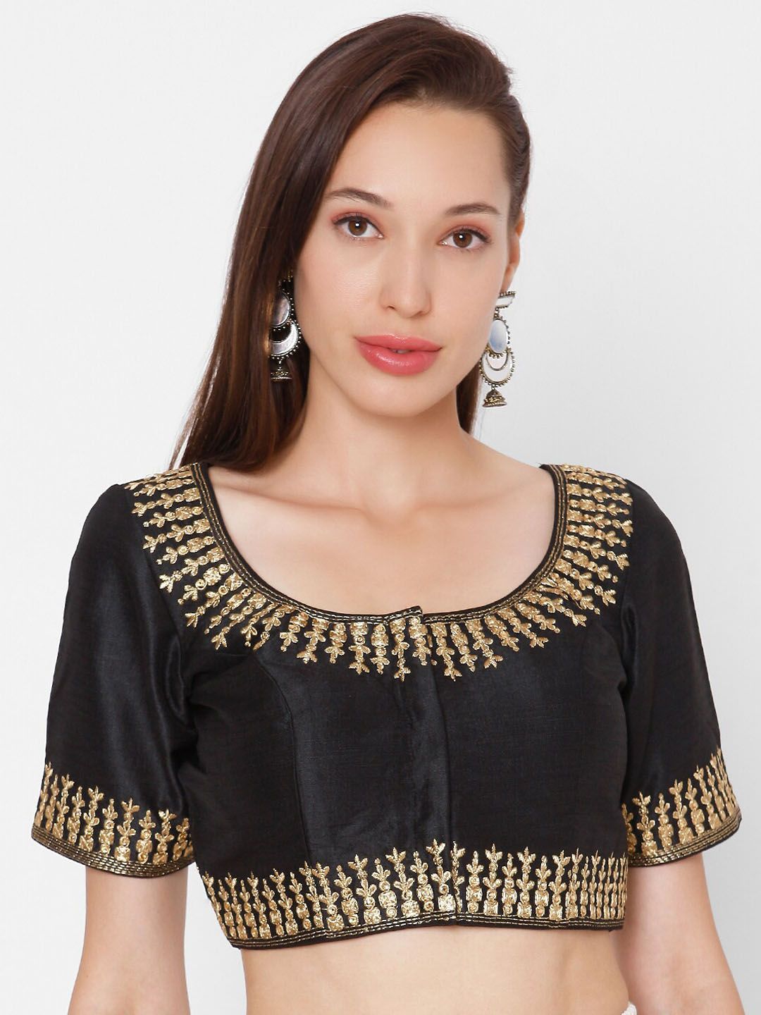 SALWAR STUDIO Women Black & Golden Embroidered Padded Phantom Silk Readymade Saree Blouse Price in India
